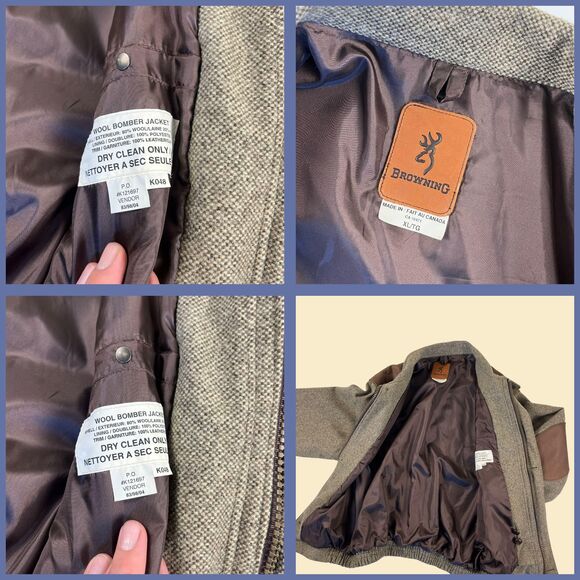 90s XL wool bomber jacket by Browning, vintage wool & leather zip up Canada-made - Picture 2 of 9